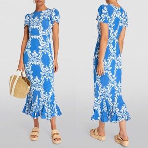RHODE
Lulani Dress Midi Flutter Hem size 2 Batik Grid Blue